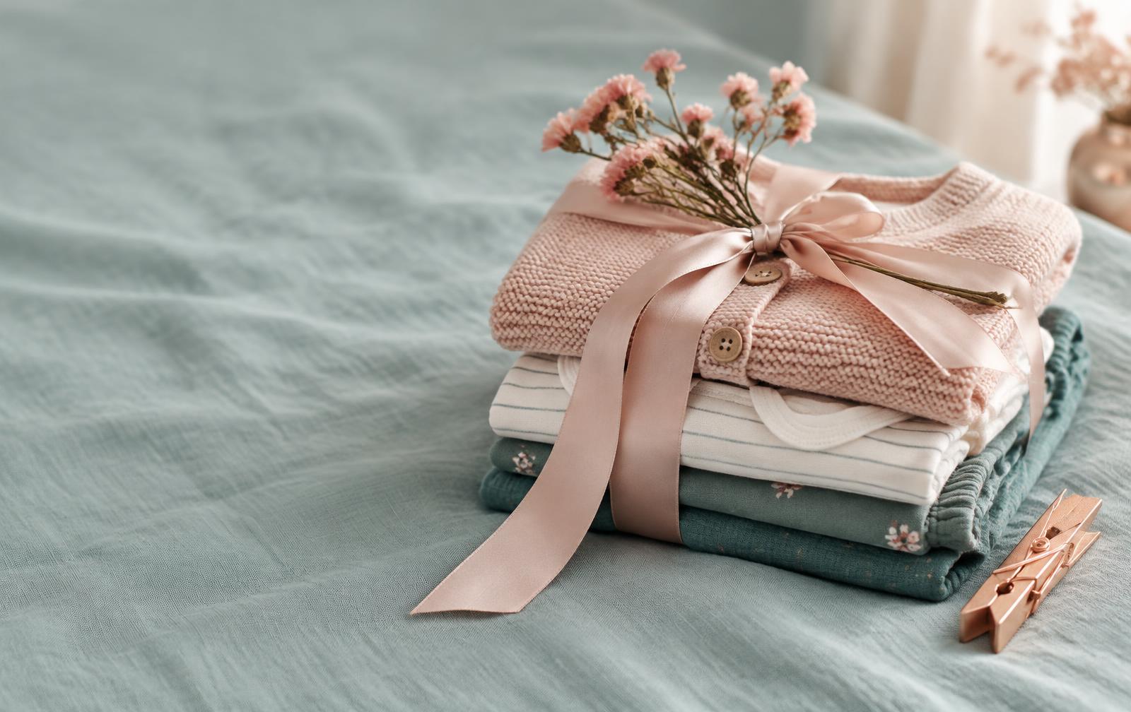 Folded baby clothes tied with blush ribbon on a sea-foam surface